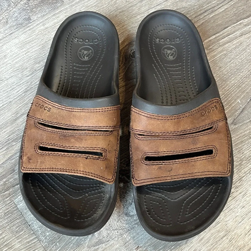 Crocs Yukon Slide Sandals Mens 13 Brown Leather Espresso Croslite Slip On Shoes